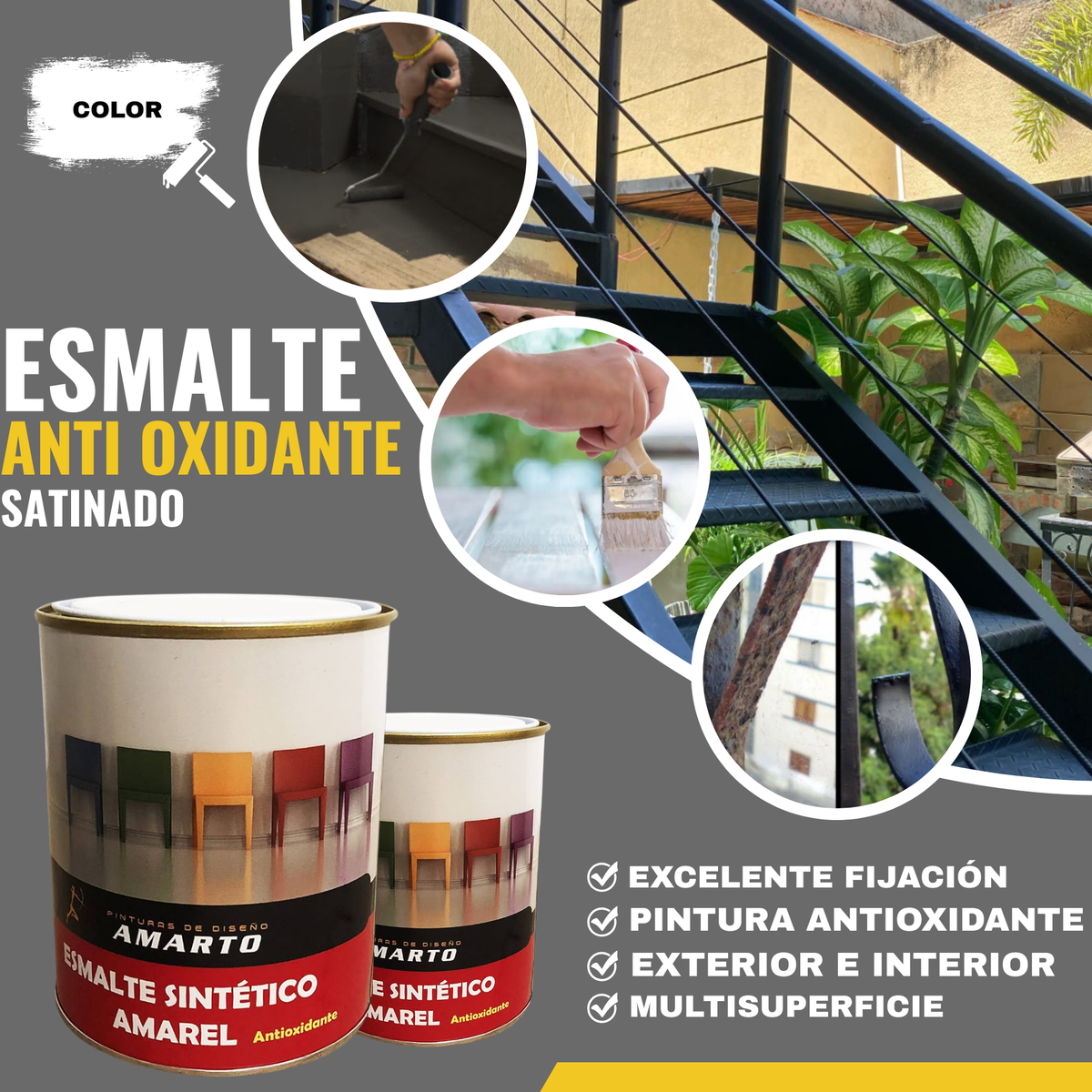 Esmalte Sintético Antioxidante Amarel Satinado para Hierro y Metal