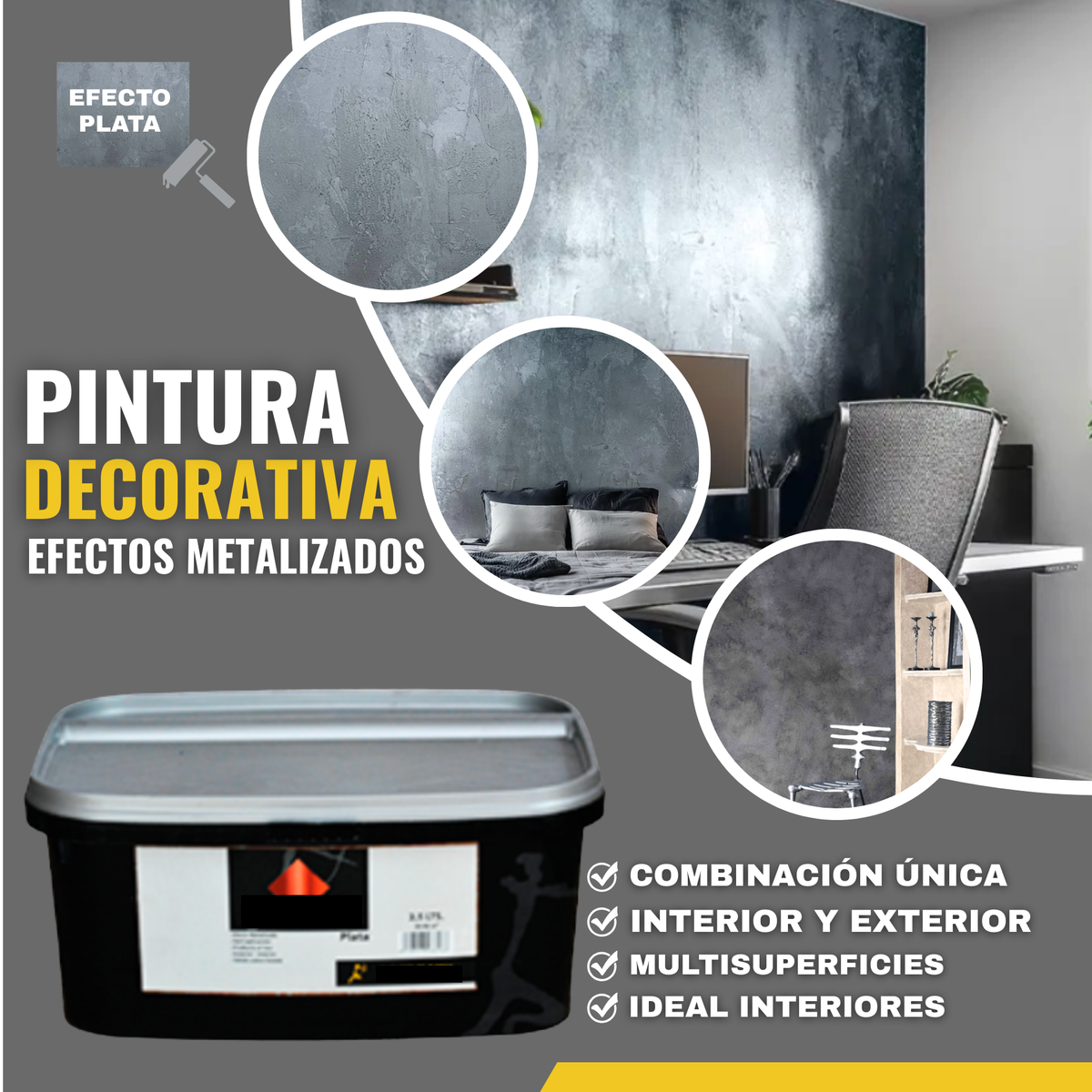 Pintura Decorativa Efecto Metal Brillante para Paredes y Muebles